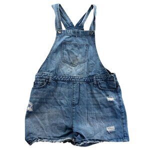 Place Womens Bib Short Overalls Size 16 Blue Denim Distressed Casual Summer Snap